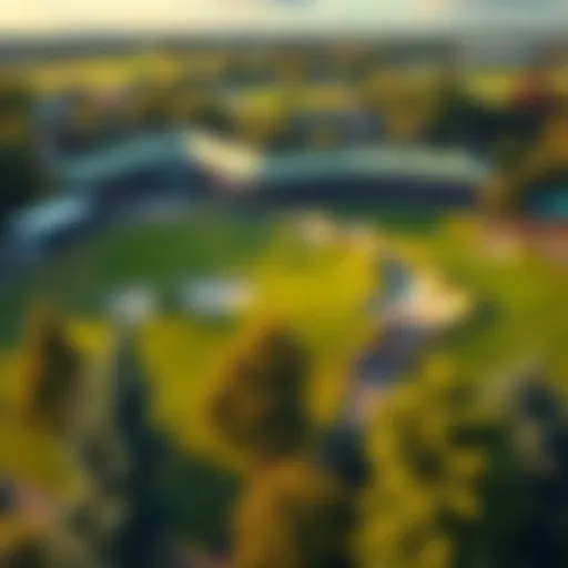 A bird's eye view of the Ryder Cup venue showcasing lush greens and a vibrant atmosphere