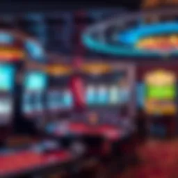 A virtual casino environment showcasing various gaming tables and slot machines